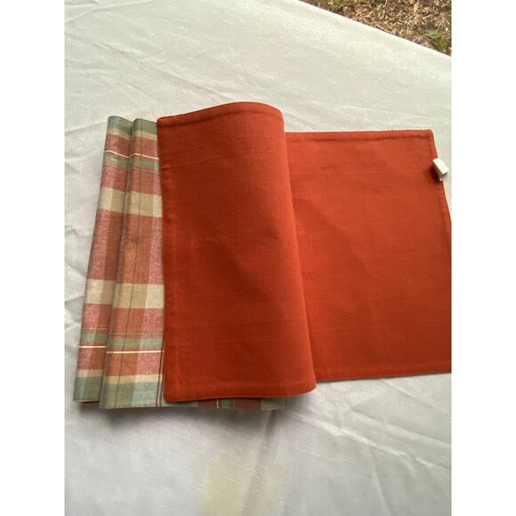 Table Runner  Pumpkin / Paprika Orange w Plaid includes sage green & white EUC - Picture 5 of 11